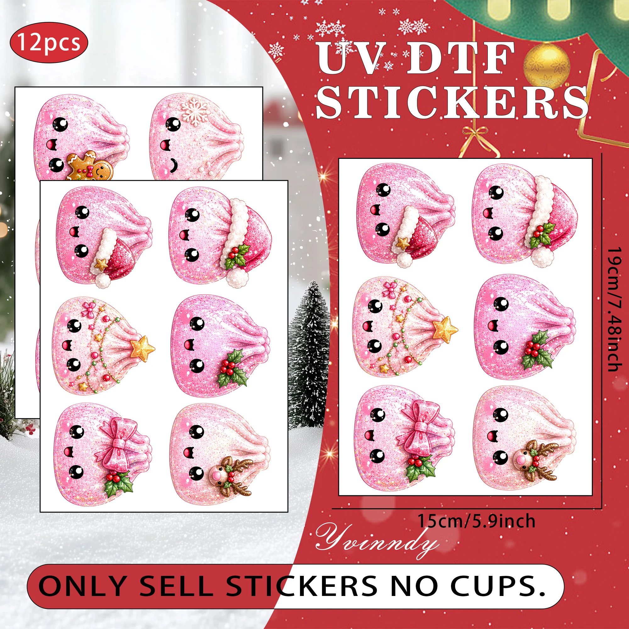 12pcs/set Kawaii Pink Christmas Dumplings DIY UV DTF For Mugs Printing Waterproof Self-adhesive UV DTF For 16oz Glass Can Wrap