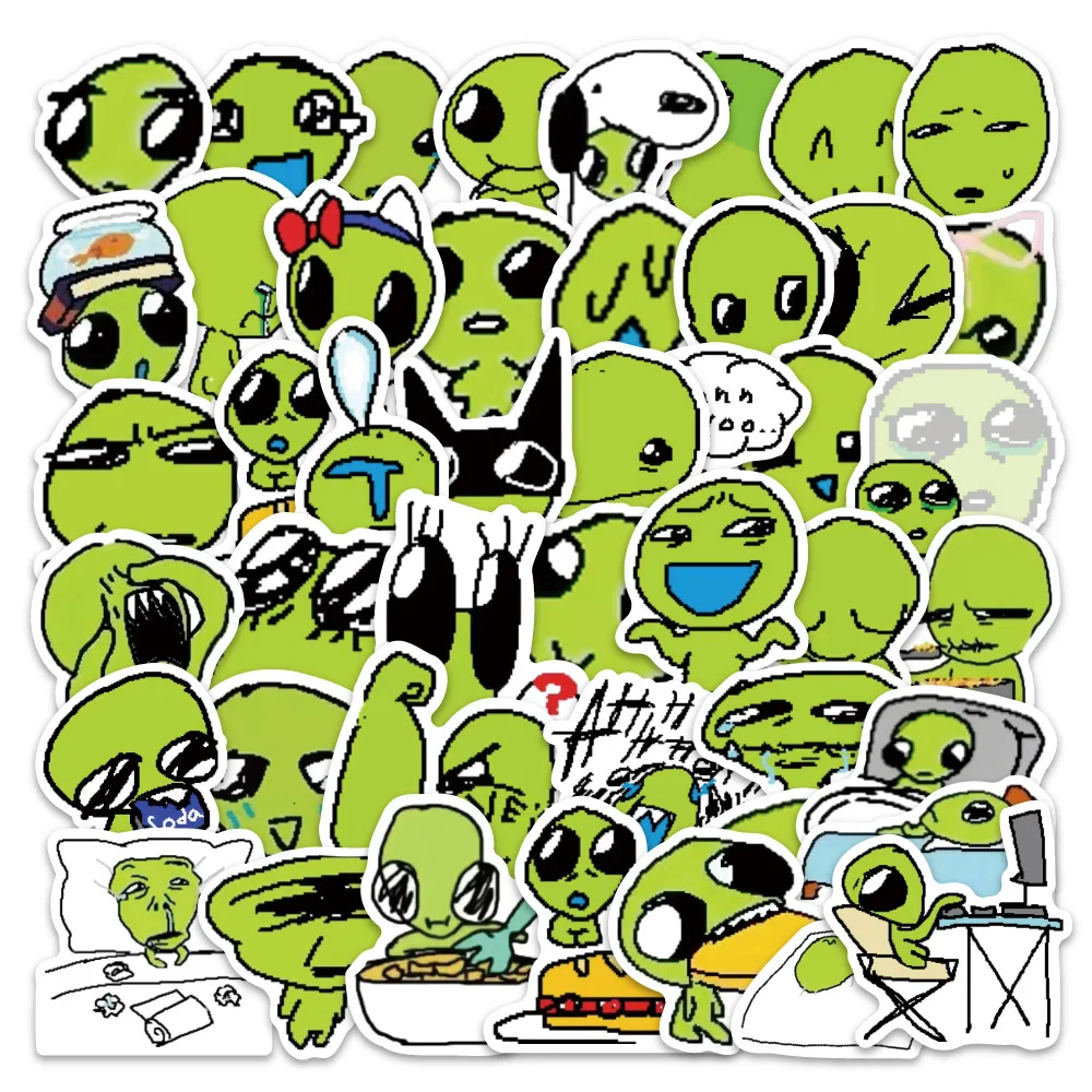 10/30/60PCS สีเขียวคนต่างด้าว Meme ตลกสติกเกอร์การ์ตูนสร้างสรรค์ตกแต่ง DIY หมวกกันน็อครถจักรยานยนต์สมุดฝากข้อความโน้ตบุ๊ค Decal ของเล่น