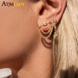 New Fashion CZ Paved Multi Piercing Dangling Women Jewelry Prong Set Cubic Zirconia Link Chain Tassel Charm Bar Drop Earring