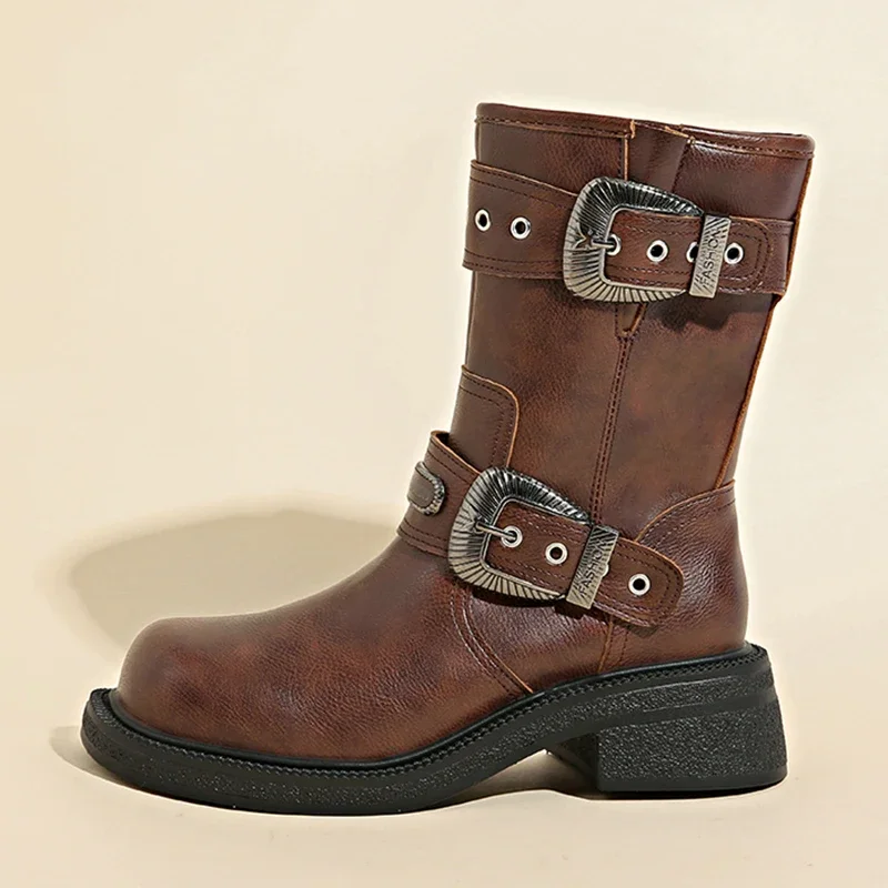 Platform Combat Boots Zip Chuny Heel Buckle Vintage Fashion Casual Luxury Designer Western Mid Calf Boots Shoes Woman image 3