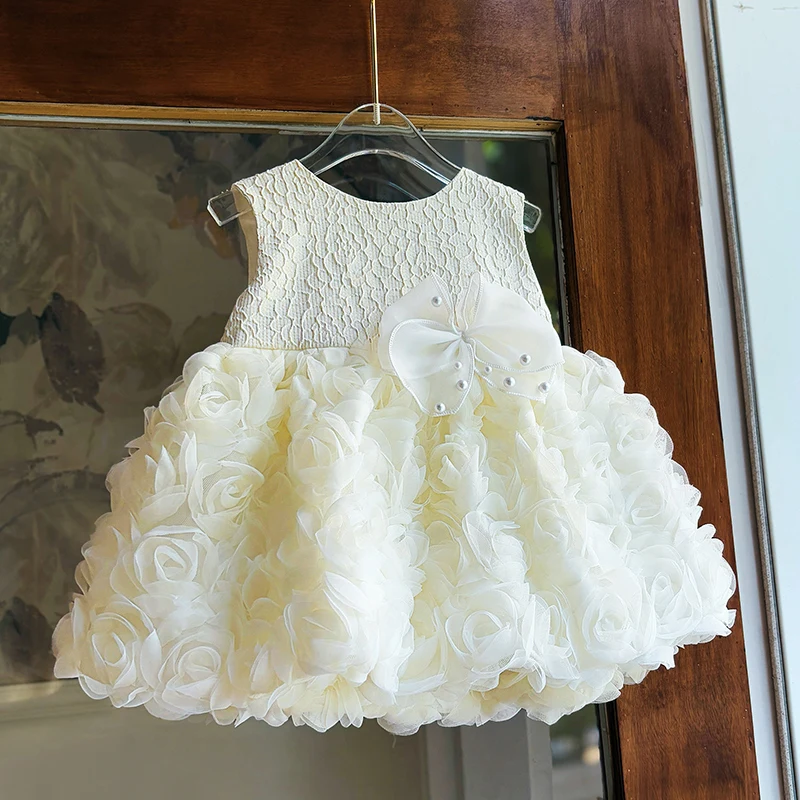 

Платье принцессы для маленьких девочек, свадебное платье с цветочным узором для девочек, милое бальное платье без рукавов с круглым вырезом и бантом, платье для дня рождения для девочек