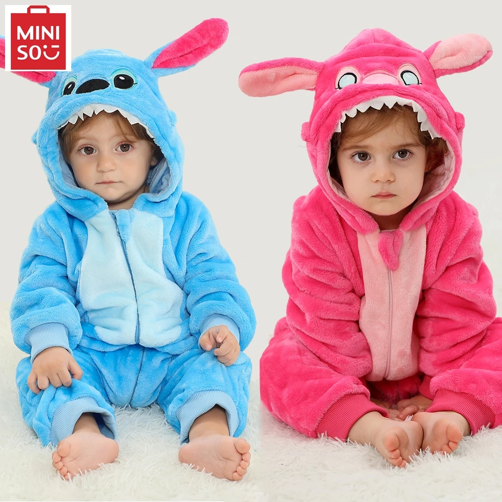 MINISO Baby Stitch Jumpsuits Boys Girls Flannel Hooded Pajamas Toddler Kids Onesies Pajamas Children Halloween Cosplay Costumes