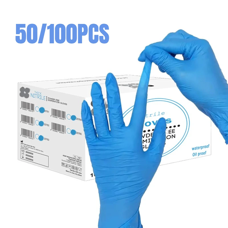 50/100PCS Blue Nitrile Gloves Disposable Waterproof Durable Nitrile Gloves Tattoos Nails Pets Bathing Home Cleaning Tools