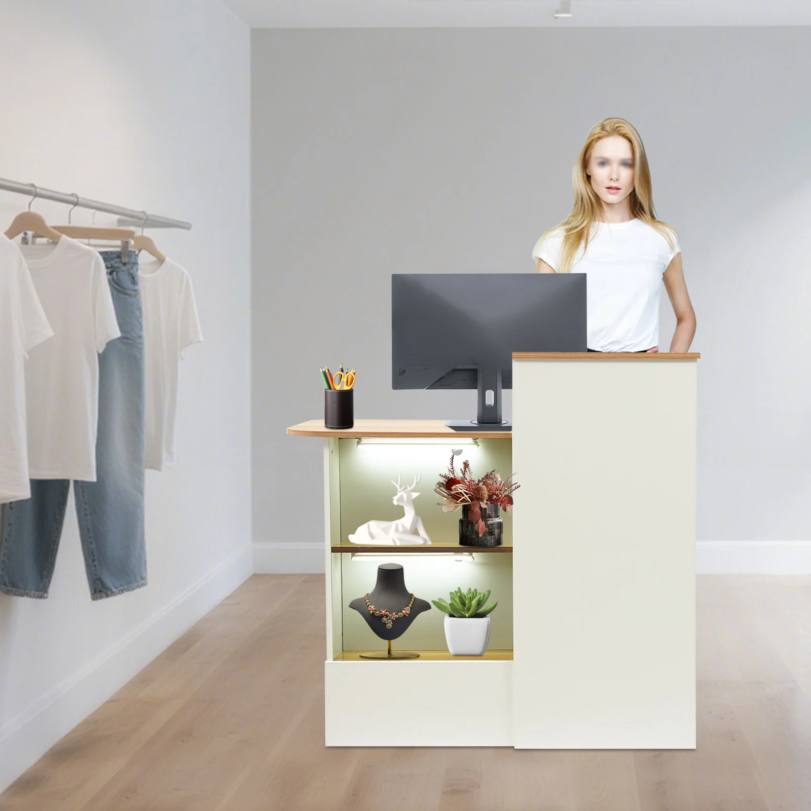 39.37 * 19.69 * 39.37 بوصة مكتب استقبال لوح الكثافة، طاولة استقبال تجارية حديثة قائمة على الأرض للمطاعم، إلخ