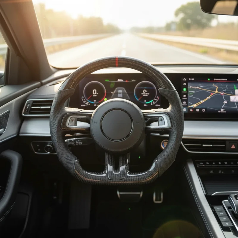 

Sports Style 3 Spoke Carbon Fiber Leather Steering Wheel for Mustang 15-23 with 40mm/35mm Grip Sizes