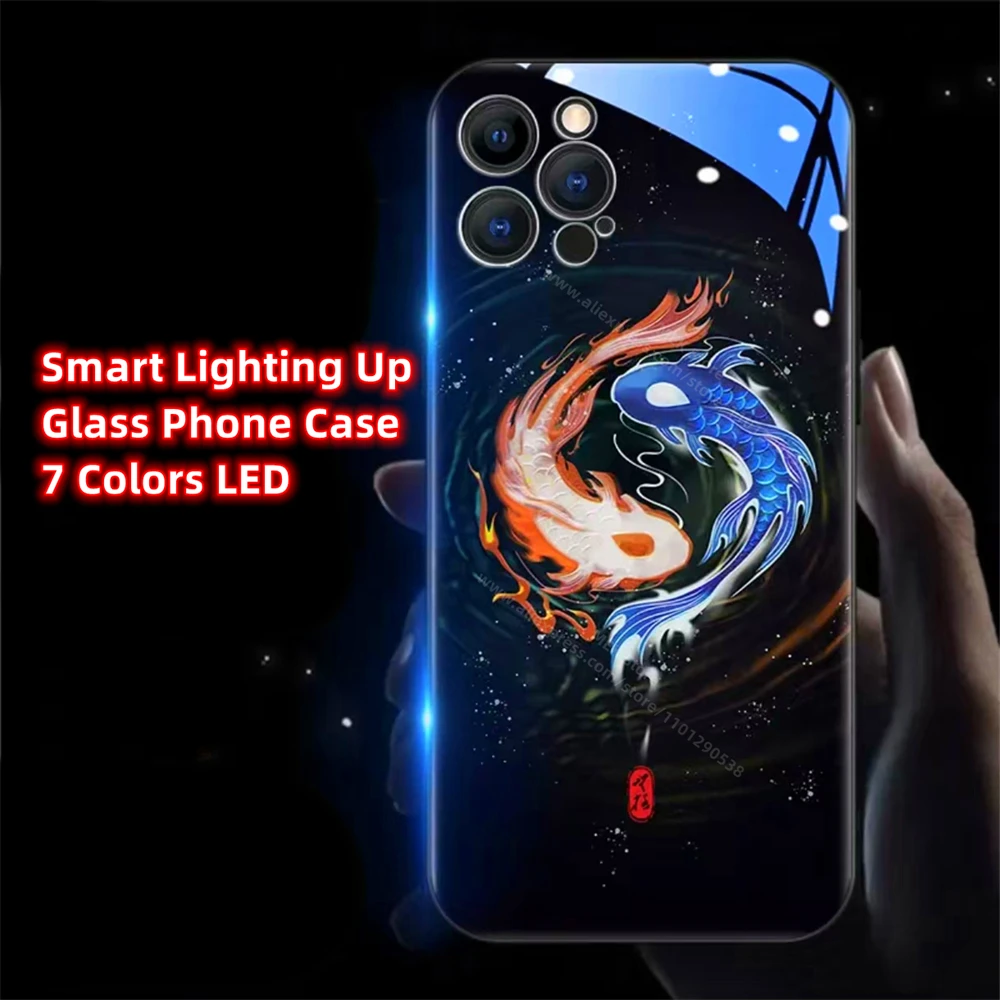 Tai Chi Koi Carp Pattern Led Light Phone Case Call Flash Glitter Cover For iPhone 16 15 14 13 12 11 Pro Max X XS XR Plus SE2020