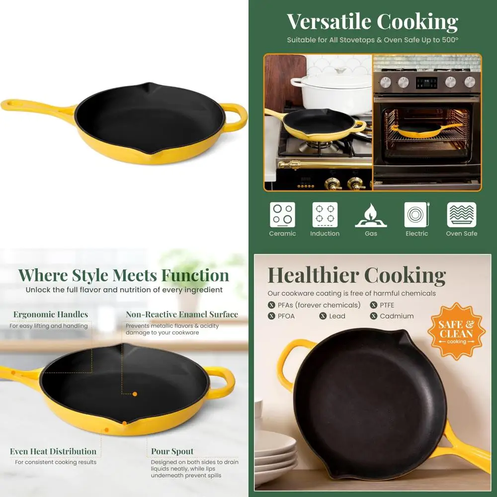 

Эмалированная чугунная сковорода 10,25 дюйма — сковорода для соуса с носиками, совместимая сковорода с эмалированным покрытием для универсальной кухни