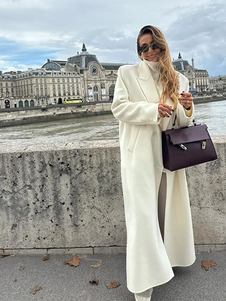 White Elegant Double Breasted Loose Woolen Coat 2024 Women Chic Oversized Long Sleeve Overcoat Fall Winter New Ladies Outerwear