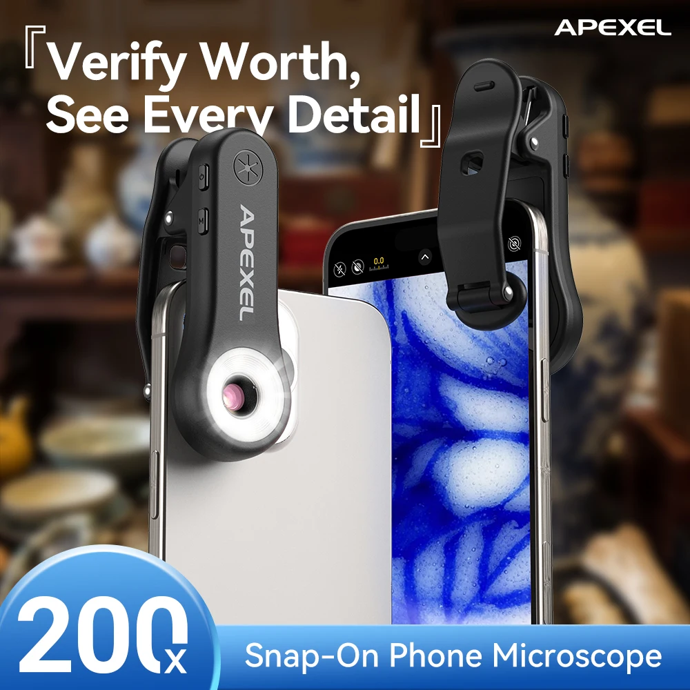 

APEXEL 200X Jewelry Lens Microscope Lens MacroMicro Triscope Lenses with LED Light/Universal Clip for iPhone/Android Smartphones