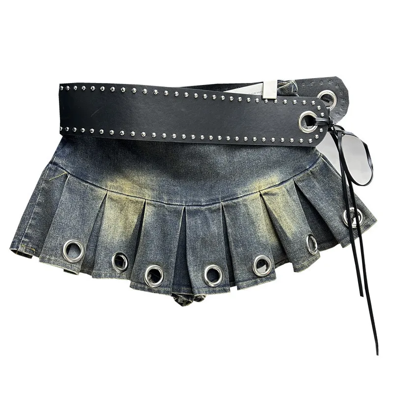 Denim Skirts Women Short Skirt A Line Pleated Button Elegant Splice Belt Low Waist Lace Up Y2k Streetwear Party Night Sexy 2026