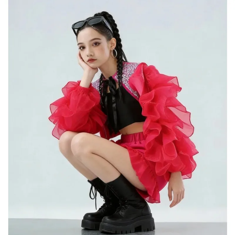 Mädchen Rosa Paillettenkleid mit Puffärmeln Jazz-Tanz Laufsteg-Show-Kostüm Trendiges Kinder-Auftritts-Outfit – Detail 2