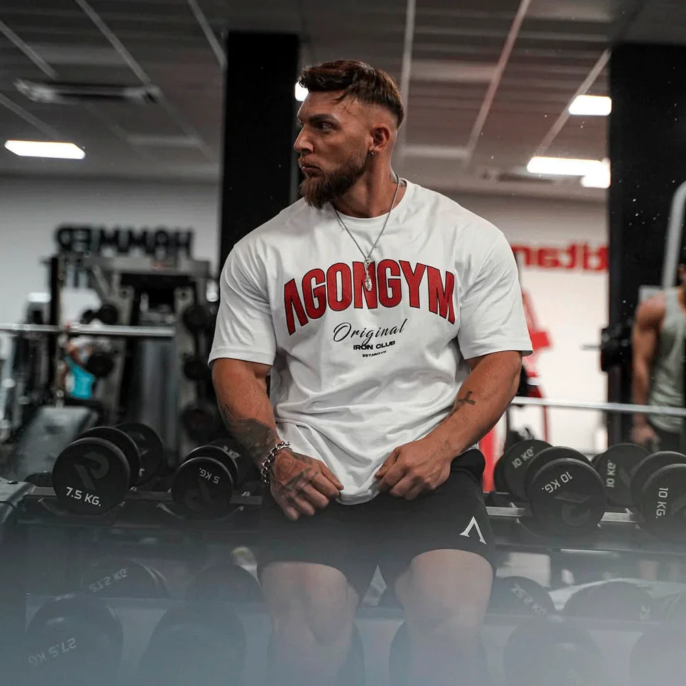 Herren Oversize-T-Shirts aus schwerer Baumwolle mit AGONGYM-Grafikdruck, Fitness-Streetwear, lockerer Rundhalsausschnitt, Kurzarm, Workout-Freizeitshirt – Detail 4