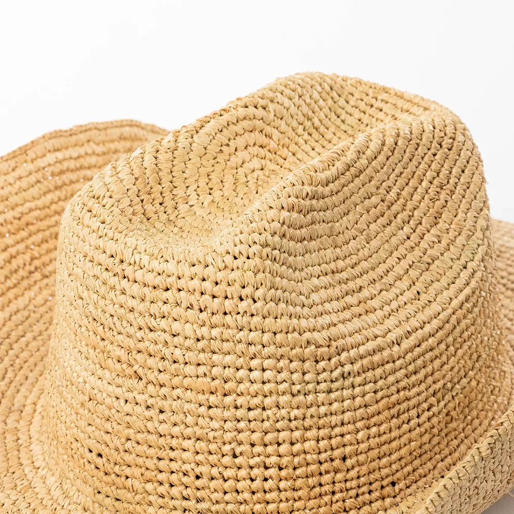 Unisex Hand-crocheted Natural Raffia Straw Cowboy Hat Summer Wide Brim Breathable Sun Hat for Outdoor Beach Travel Holiday 5