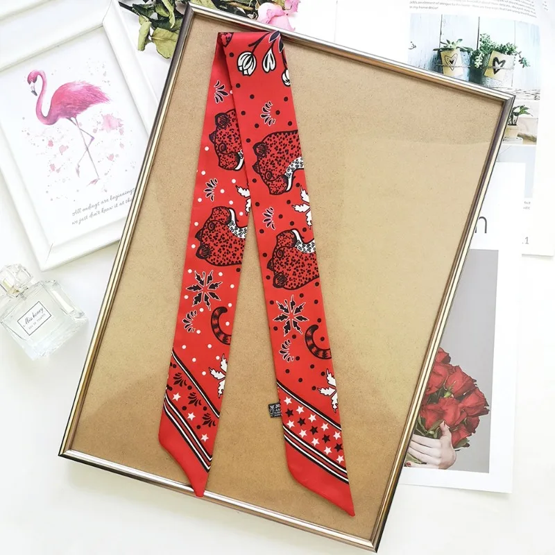 Korean Versatile in Spring New Animal Leopard Women Twill Decoration Small Silk Scarf Binding Bag Handle Ribbon Hair Band Scarf