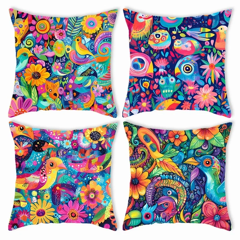 Vibrant Tropical Floral Pillowcase Cover Set 4 PCS Bohemian Jungle Print 40x40cm Home Decor Cushion