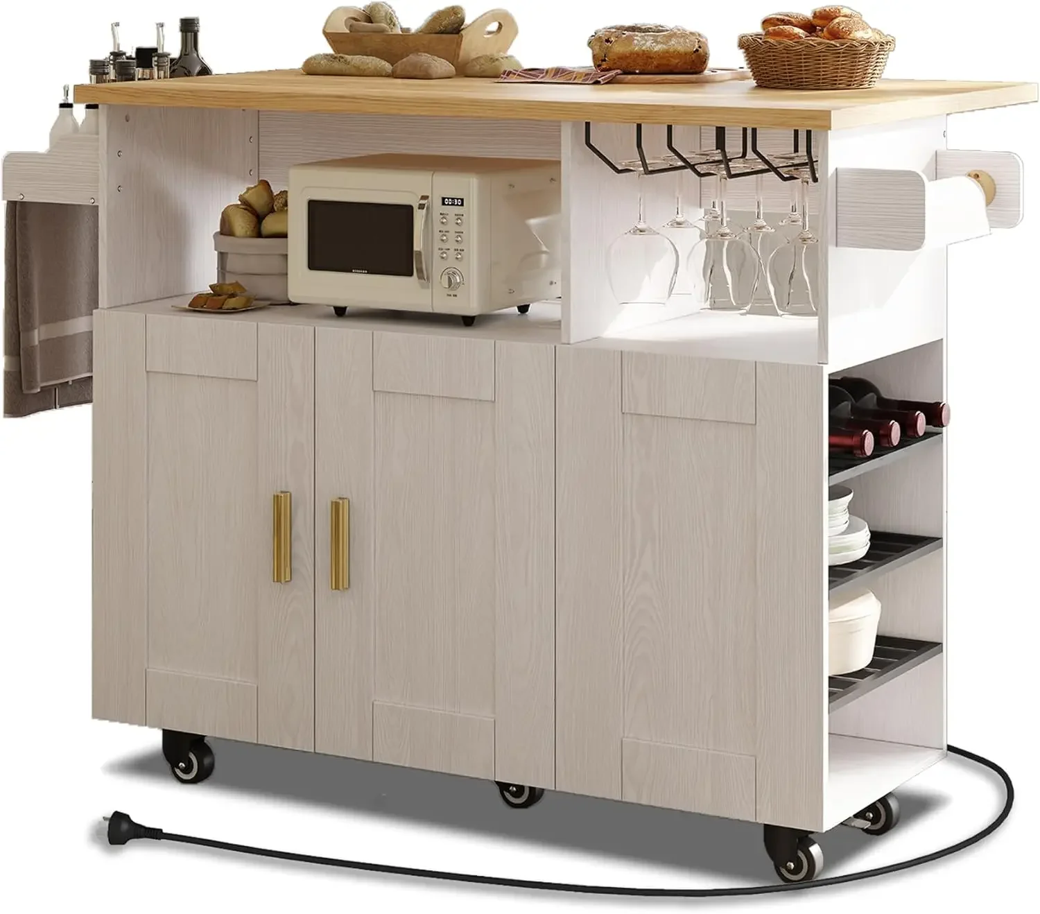 Rolling Mobile Kitchen Island Cart Bar with Leaf Countertop,Rolling Kitchen Cabinet with Power Socket and Towel Rack (White Oak)