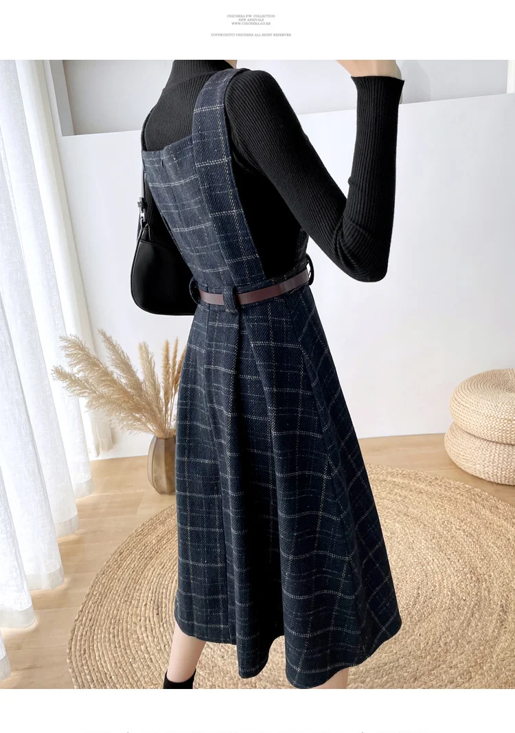 Autumn Winter Lady fashion Overalls 2 Piece Set Dress Women Turtleneck Knitted Sweater Top + Plaid Tweed Slim Big Swing Dress