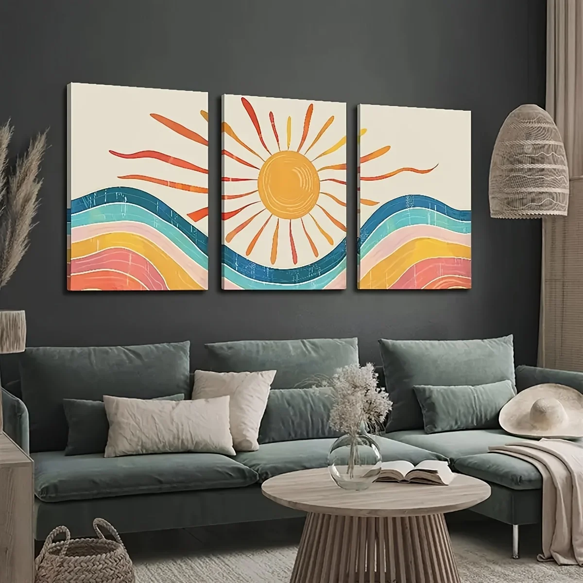 3 Bohemian Style, Sun, Minimalist Modern Landscape Painting, Medieval Abstract Art, Home Room Wall Decor, 2D Canvas Print Poster