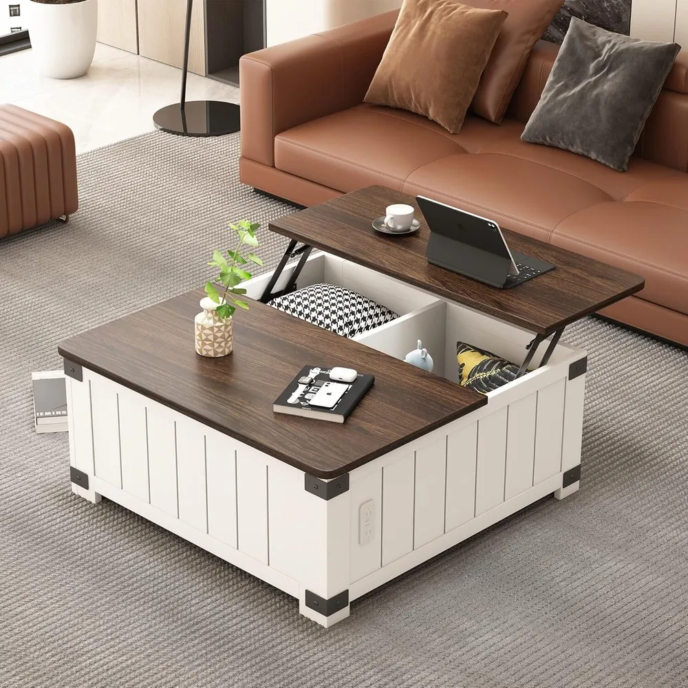 Tavolino da caffè sollevabile quadrato con ricarica USB e scomparti nascosti