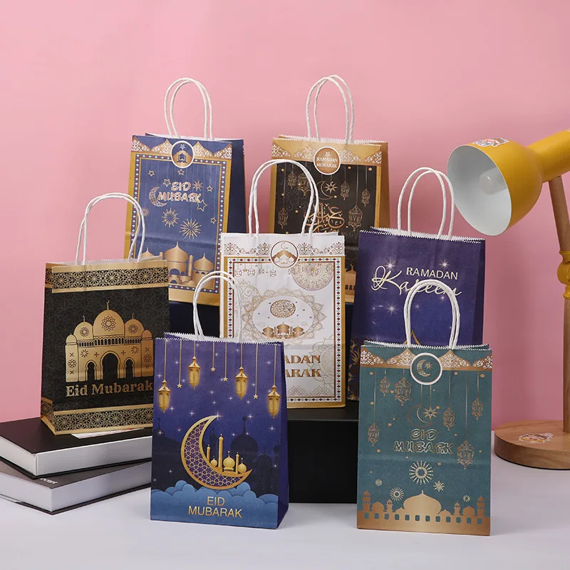 5 ชิ้นกระดาษคราฟท์ Eid Mubarak ของขวัญกระเป๋าจับคุกกี้ Candy โปรดปรานบรรจุภัณฑ์ Ramadan Kareem มุสลิมอิสลาม Party Supplies