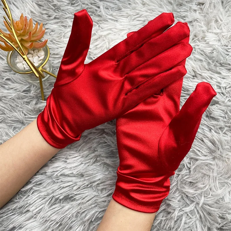 Women Satin Short Sexy Gloves Sunscreen Summer Anti-UV Elastic Thin Mittens Driving Full Finger Red White Black Dress Gloves