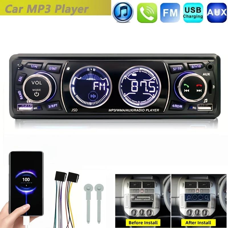 

1 Din Car Audio System with Digital MP3 Player, FM Radio, AUX/USB/TF Card, And In-Dash Kit for 12V Vehicles, Without Battery