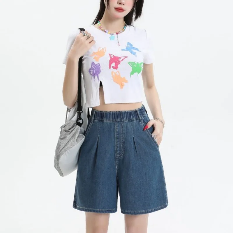 

Summer Thin Female Chic Korean High Waist Jeans Lady Fashion Solid Thin Denim Shorts Girls Retro 5-point Daily Short Pants