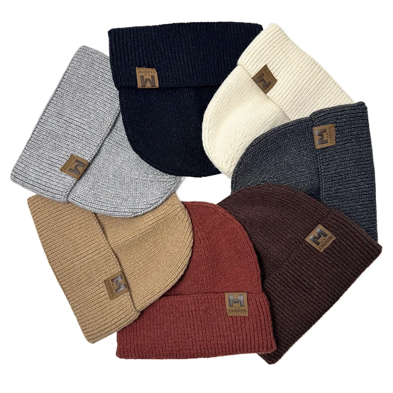 Winter Beanies Skull Cap Men Label M Knitted Solid Autumn Hat For Women Outdoor Warm Trendy Dandy Skullies Bonnets Cheap Gift