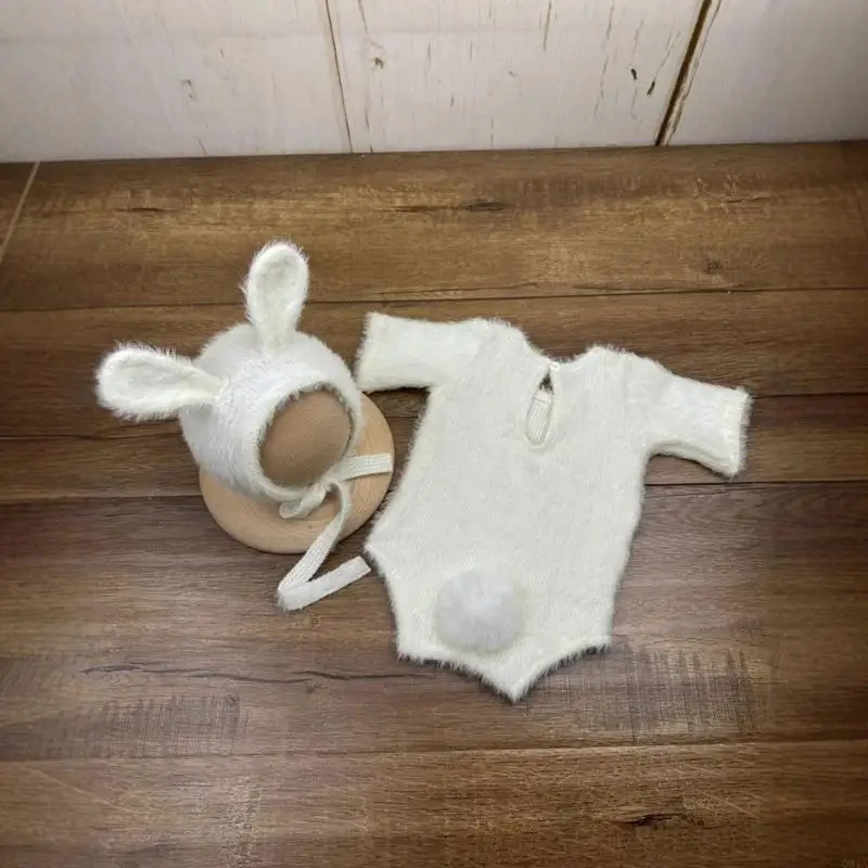 Q81A Baby Photo Costume Knitted Rabbits Jumpsuit and Hat Baby Photoshoots Photo Posing Outfit Newborn Photography Accessories