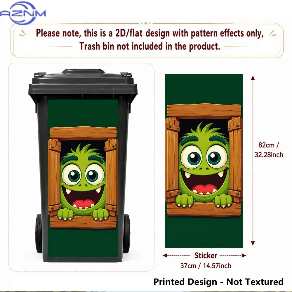Printed Design - Not Textured, 1pc Green Monster at Wooden Window Theme 2D Printed Garbage Can Sticker, 37 X 82Cm Self-Adhesiv