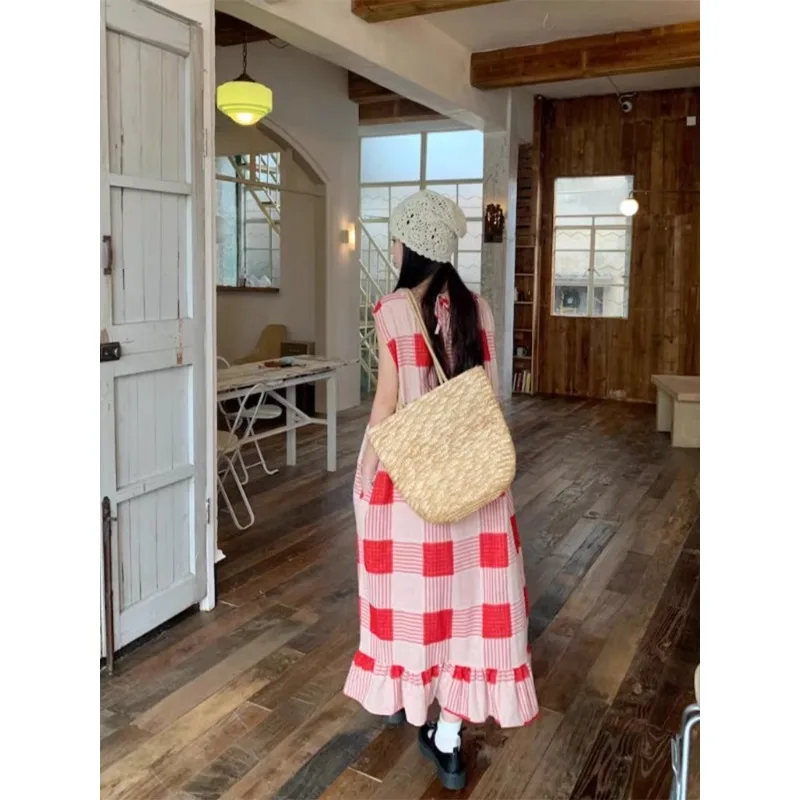 

Japanese Style Dress for Women Off Shoulder Red Patchwork Plaid Sleeveless Dresses Hot Girls Vintage Skirt Summer Female Clothes