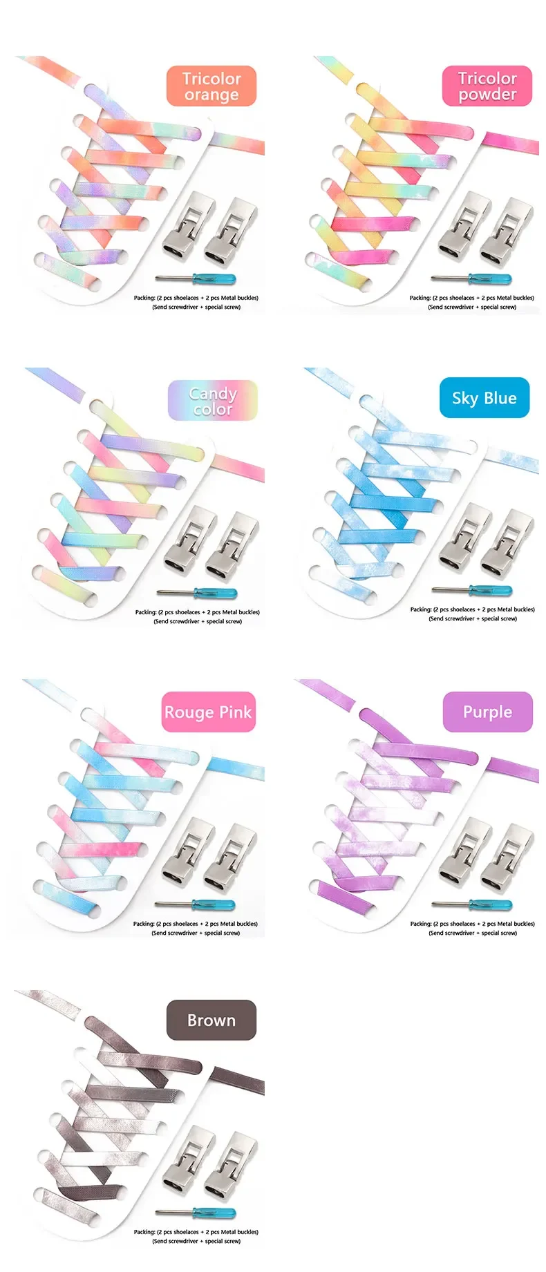 1 Paar flache Schnürsenkel mit Regenbogen-Farbverlauf und Metallschnalle, elastische Schnürsenkel ohne Binden für Sneaker, Schuhzubehör – Detail 10