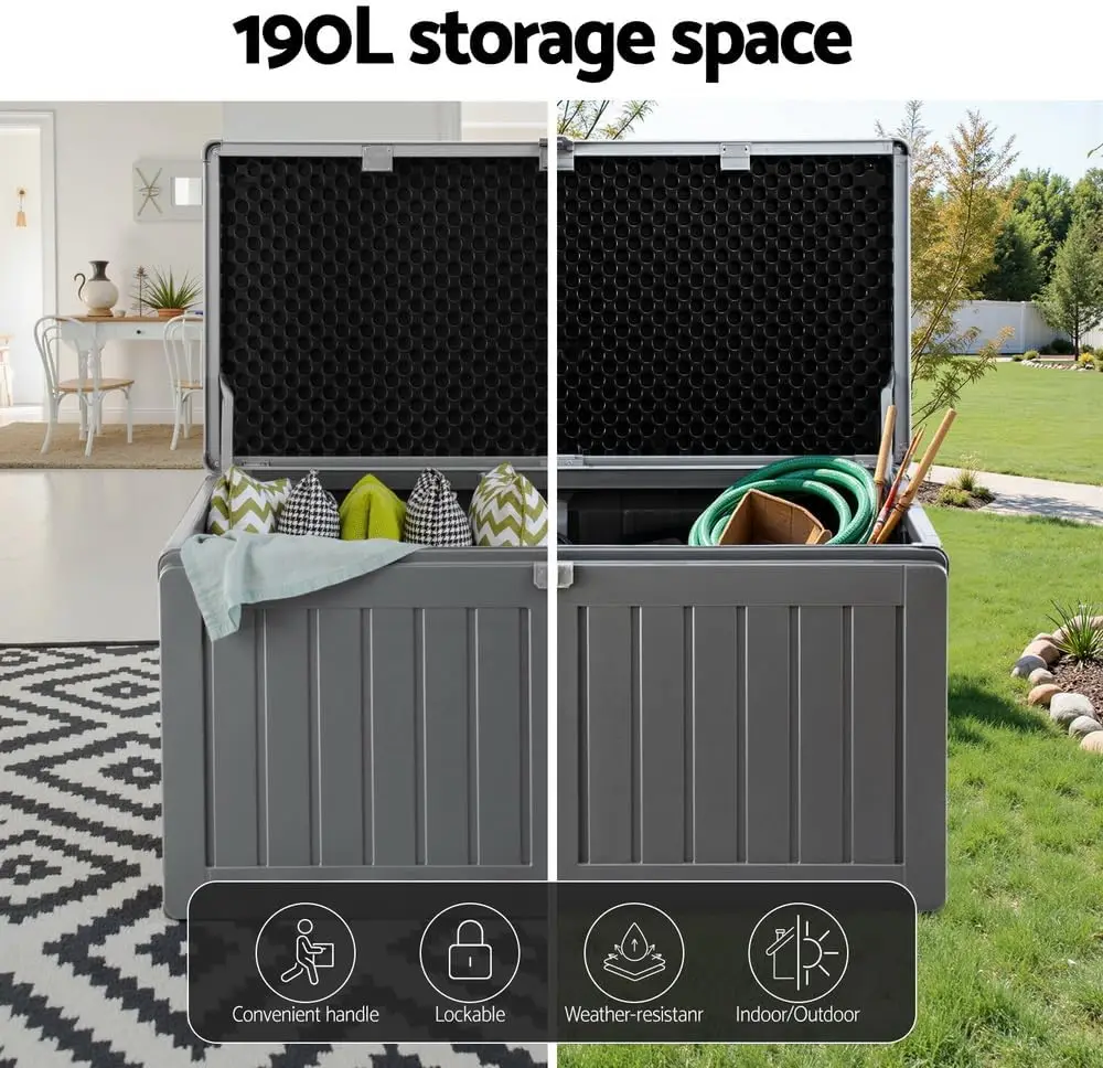 مقعد خزانة حاوية صندوق تخزين خارجي، 190 لتر أداة متوسطة قابلة للقفل لعبة صناديق سطح الصدر حديقة سقيفة تخزين كرسي عثماني S