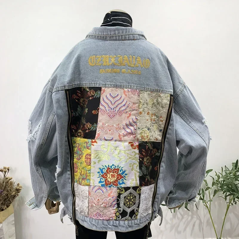 

Autumn Vintage Blue Letter Embroidery Patch Design Denim Jacket Loose Casual Women Cowboy Outwear Holes Jeans Jacket Coat Female
