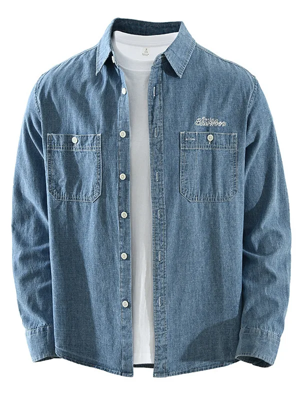 

Western Style Cotton Denim Shirt Men's Fashionable Casual Loose Long Sleeve Turn-down Collar Classic Pure Color Daily Wear