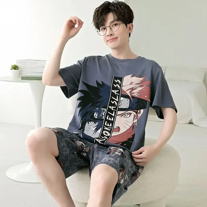 Cartoon anime Naruto one piece Luffy Student Pajamas Boys Summer Thin Cotton Short Sleeve Shorts Young Men\'s Home Clothes