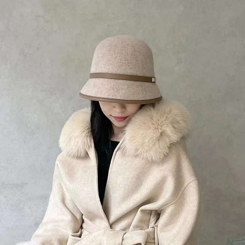 Simple wool fisherman hat female autumn and winter warm woolen woolen hat pu belt metal square buckle basin hat