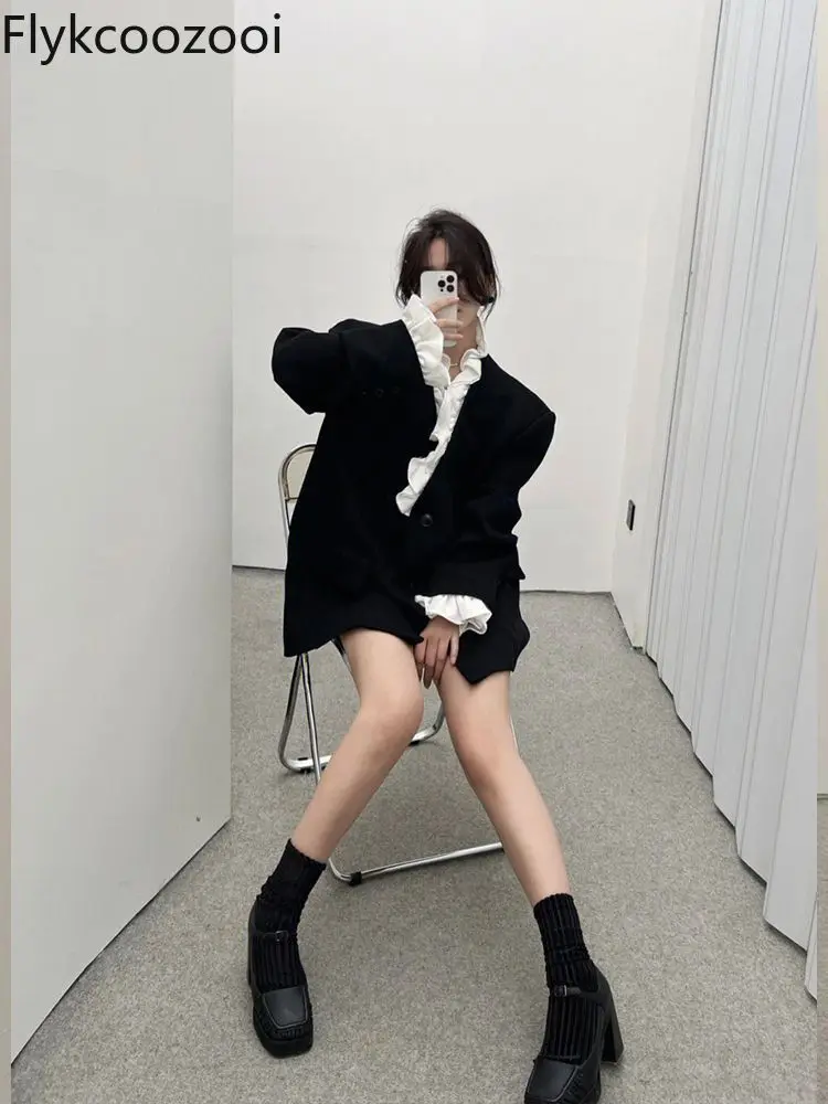 

Autumn New Style Loose Mid-length High-end Suit Top Trendy Black Ear-trimmed Jacket for Women Bleizer Femenino Elegante