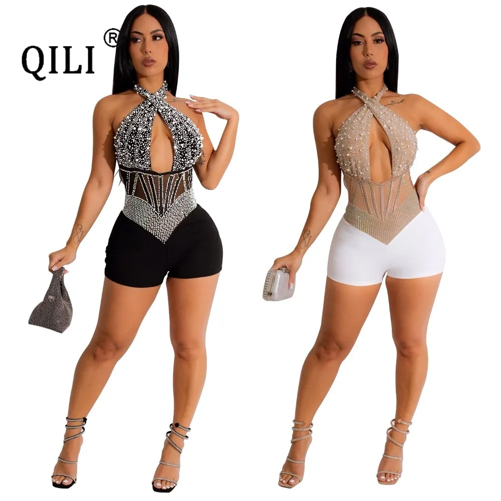 QILI-Pantalones cortos sin mangas con cuentas de burbujas de diamantes calientes de malla para mujer, Mono para peleles, ropa Sexy transparente Cub Wear