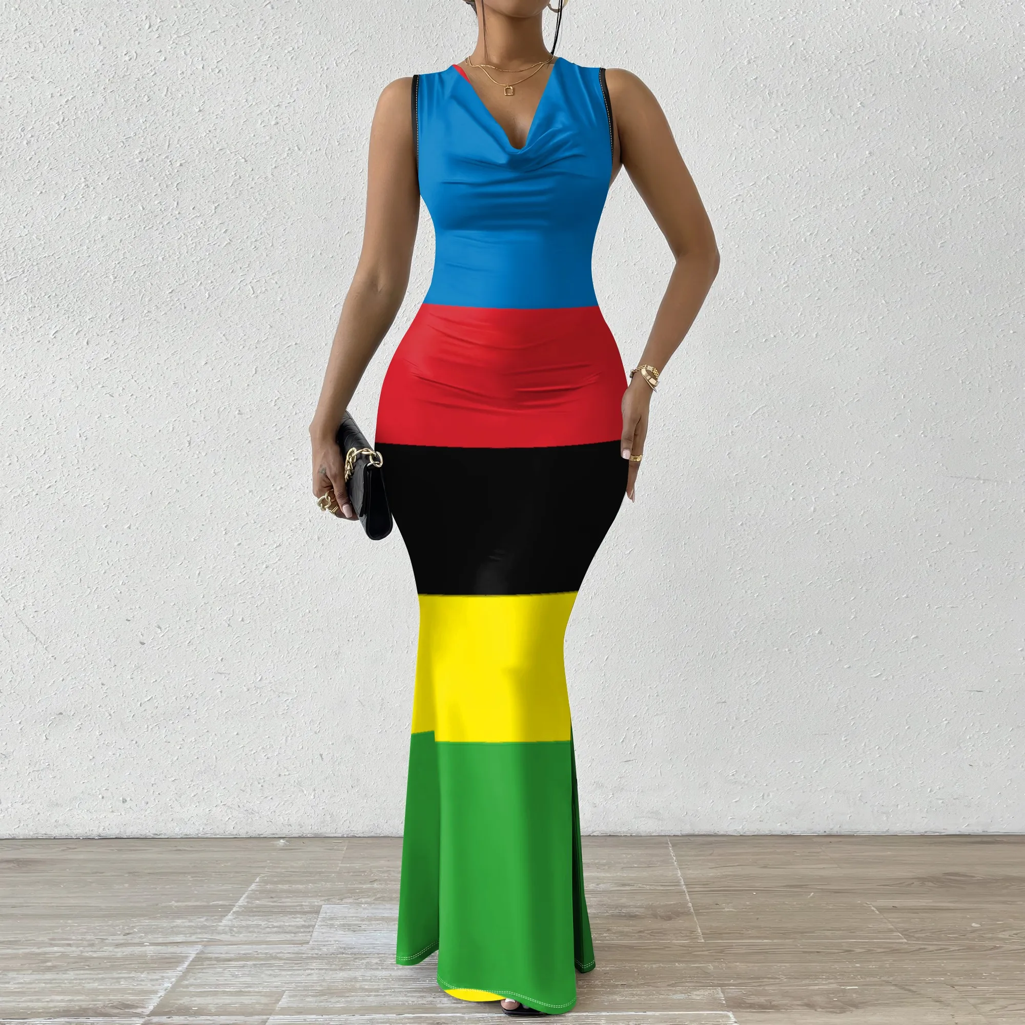 

Afro Colorblock Maxi Dress XS-2XL Sleeveless V-Neck Bodycon Mermaid Style for Pride Parade, Cultural Fest or Summer Streetwear