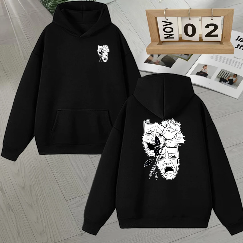 

Comedy and Tragedy Mask White Rose Graphic Double Sided Print Hoodie Men Women Long sleeve Loose Fleece goth Sweatshirt Unisex