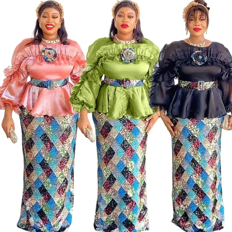 

FC6Plus Size Evening Dresses African Luxury Sequin Gown Elegant Turkey Beaded Belt Wedding Party Long Dress Clothing For Wo@FC8！