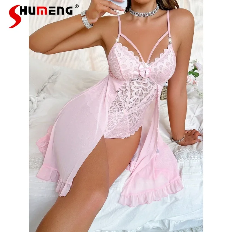 

Mesh Lace One Piece Nightdress for Women Sexy Pure Desire High Waist Slimming Sleepshirts Female Pink Color Sweet Nightgowns