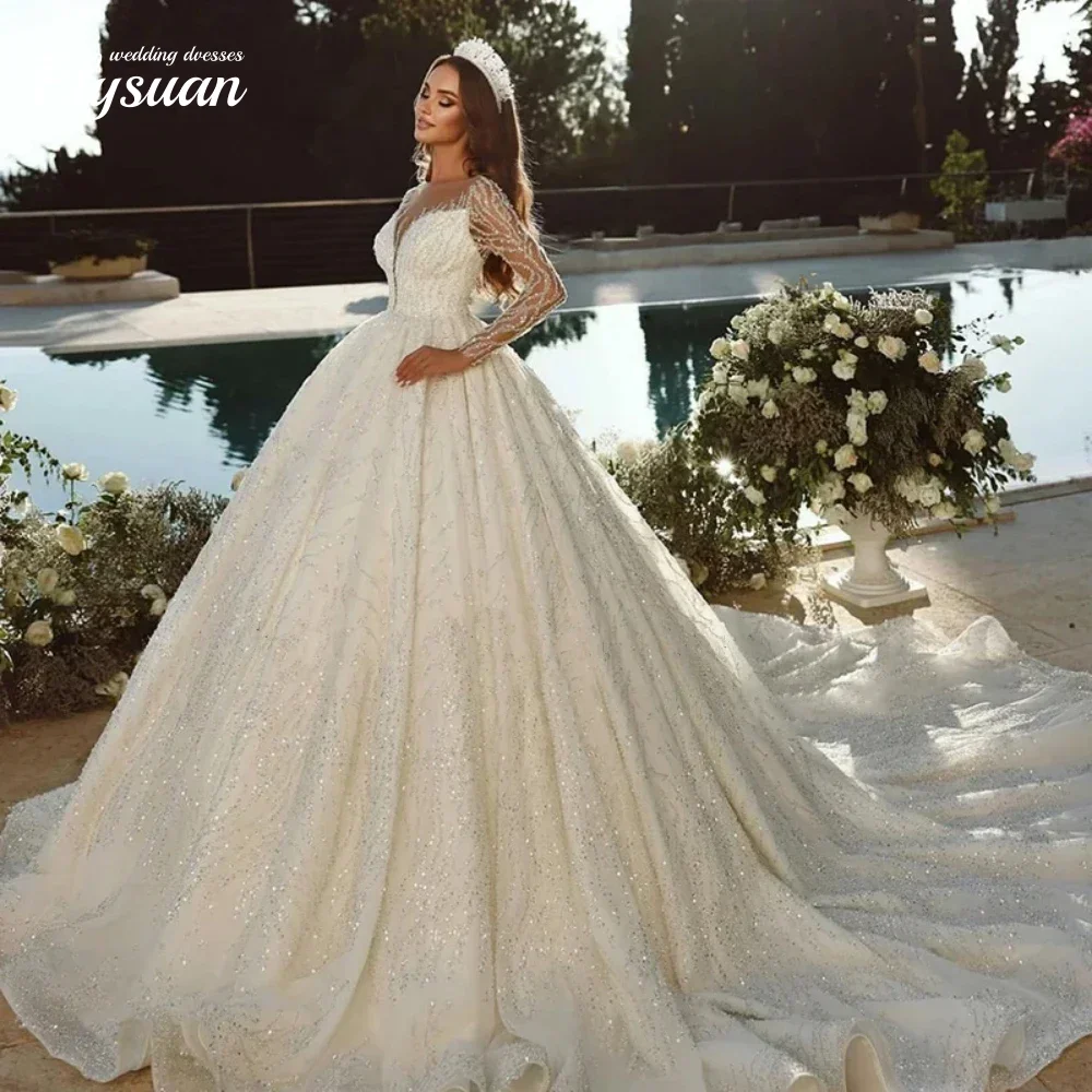 Personalizado vestidos de casamento de luxo grânulo rendas lantejoulas vestido de baile mangas completas o-pescoço vestido de noiva novia