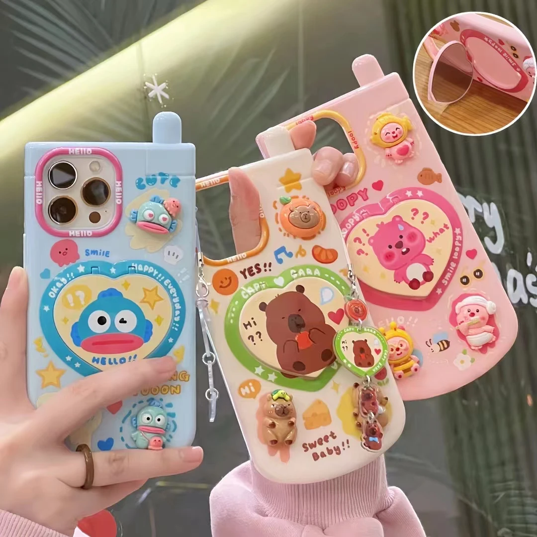 3D High Comfortable Ugly Fish Capibala Big Brother Cute Cartoon Mirror Stand Phone for 12 13 14 15 Pro Max 11+Love Hanging Case