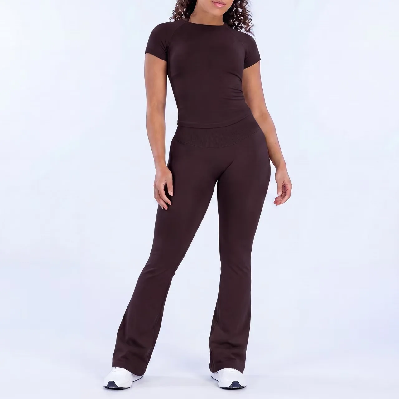 Dneyf High Stretch Crew Neck Korte Mouwen Top & Hoge Taille Flare Yogabroek 2-delige Set, Fitness Running Casual Sport Outfit