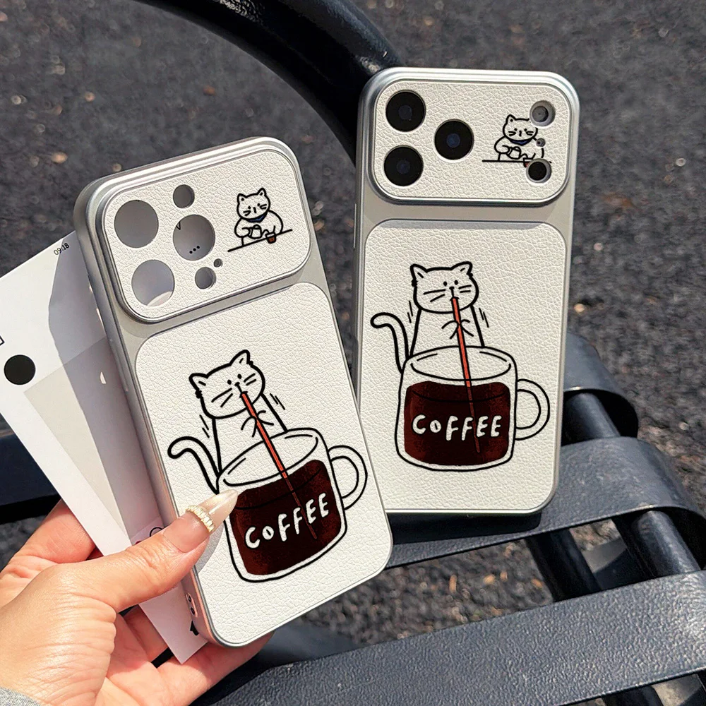 Niedliche Kaffeekatzen-Handyhülle für iPhone 18 17 Pro Max 16 15 13 11 14 12 Pro Max Weiche TPU Lichee-Muster Leder Schutzhülle