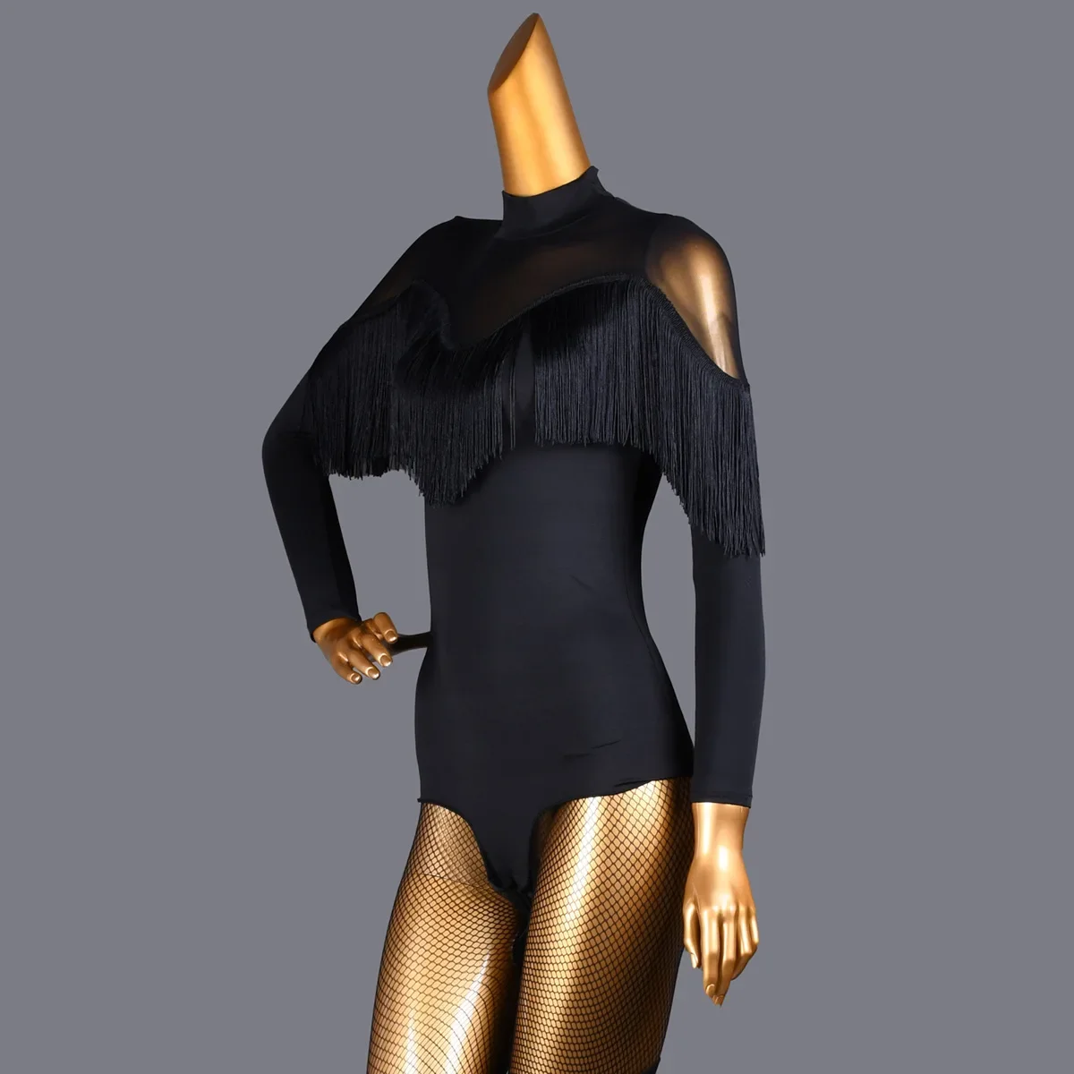 라틴 댄스 섹시 볼룸 댄스 댄스 의상 태슬 셔츠 메쉬 긴팔 성인 모던 탑 여성 연습복