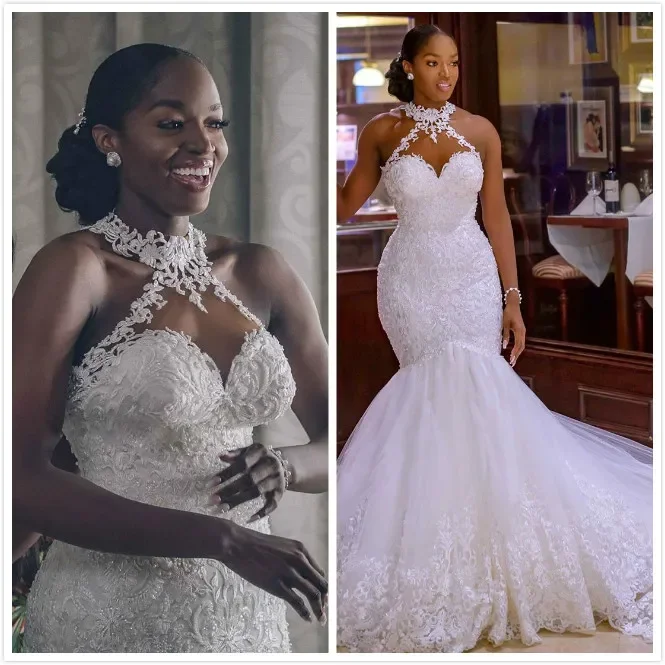 Elegante abito da sposa bianco a sirena sexy collo alto con scollo all'americana senza maniche decalcomania abito da festa nuziale da donna africana personalizzato 2025