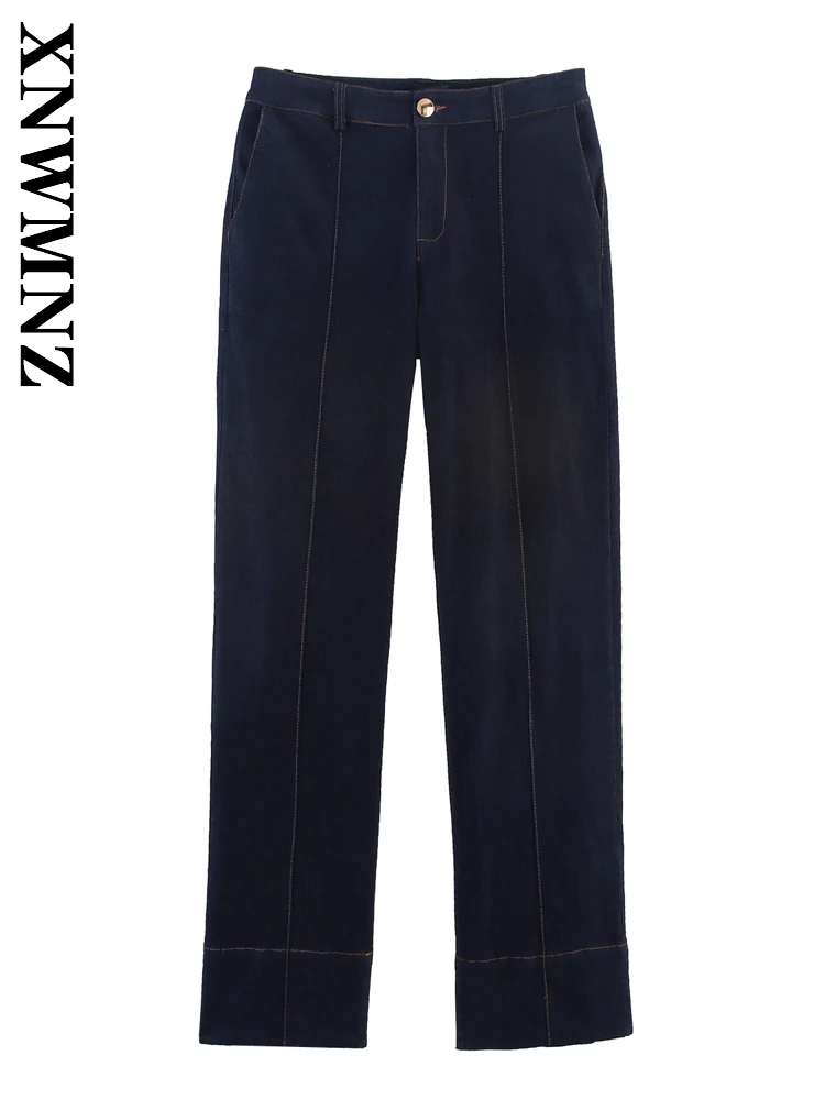 

XNWMNZ 2025 Spring New Woman's Chic Fashion Denim Bottoms Simple Commuting Woman Blue Casual bell-bottoms